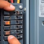 A close-up of an electrical panel with a person checking a circuit breaker, looking for signs of damage such as burns or wear.